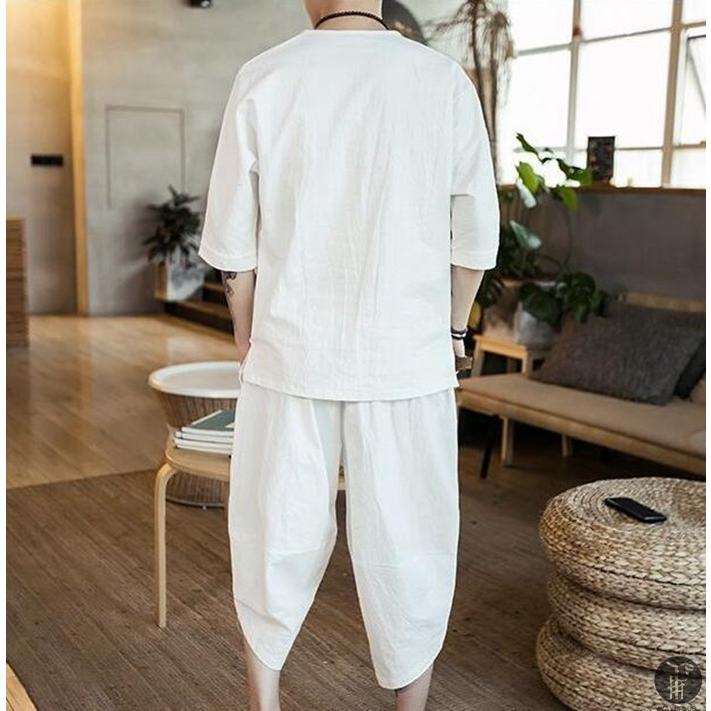 綿麻上下セット セットアップ  短納期 リネン 夏 半袖 薄手 サルエルパンツ メンズ ワイド ルームウェア 部屋着 父の日 プレゼント代引不可 |  | 09