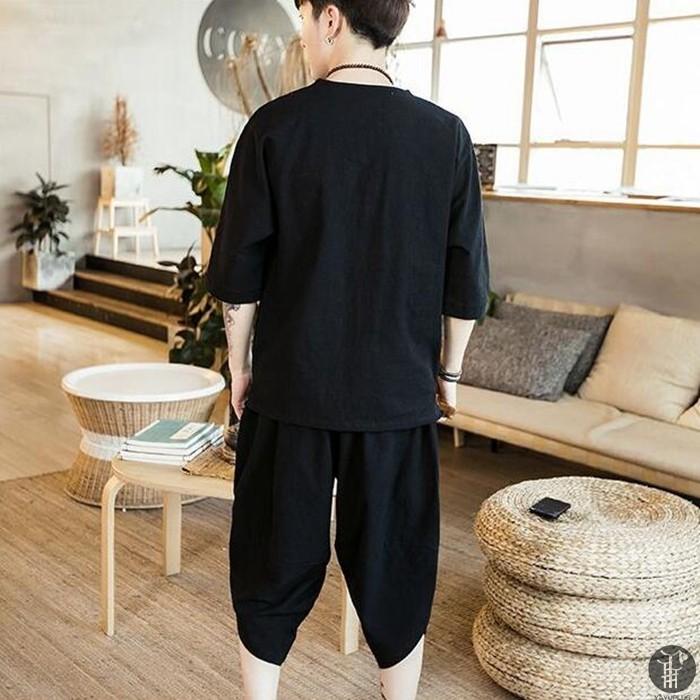 綿麻上下セット セットアップ  短納期 リネン 夏 半袖 薄手 サルエルパンツ メンズ ワイド ルームウェア 部屋着 父の日 プレゼント代引不可 |  | 12