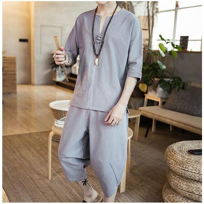 七分丈サルエルパンツ上下 ルームウェア メンズ 甚平風 リネン 薄手 夏