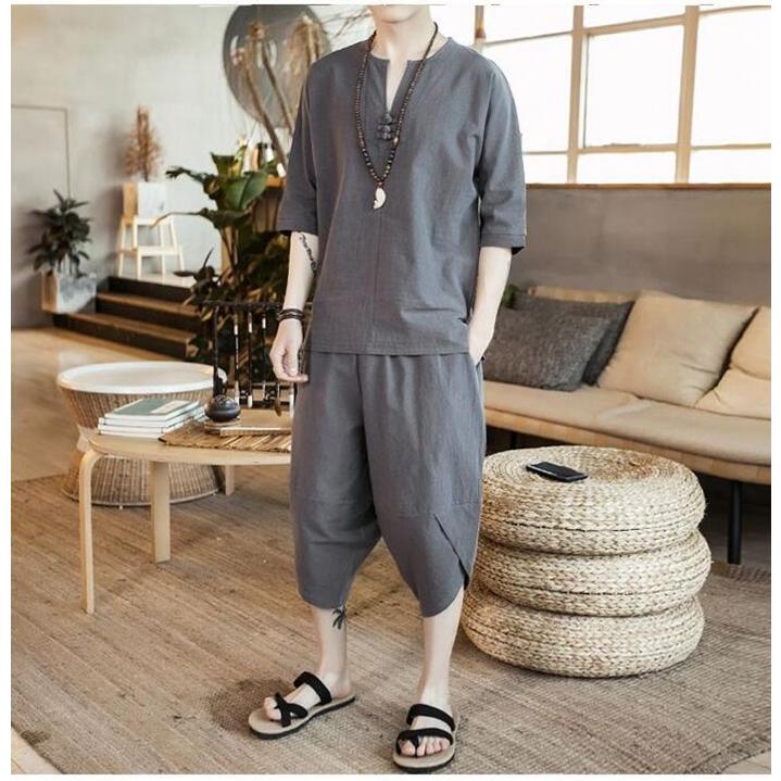 綿麻上下セット メンズ セットアップ 短納期 リネン 七分丈サルエルパンツ 夏 半袖 薄手 ワイドパンツ ルームウェア トップス 部屋着 父の日 プレゼント |  | 17