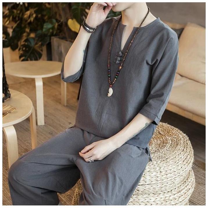 綿麻上下セット メンズ セットアップ 短納期 リネン 七分丈サルエルパンツ 夏 半袖 薄手 ワイドパンツ ルームウェア トップス 部屋着 父の日 プレゼント |  | 18