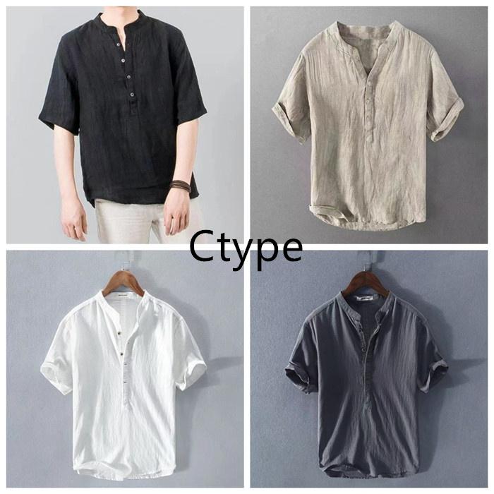 綿麻シャツ メンズ 半袖 無地 リネンシャツ カジュアルシャツ ビジネス バンドカラーシャツ スタンドカラー |  | 03