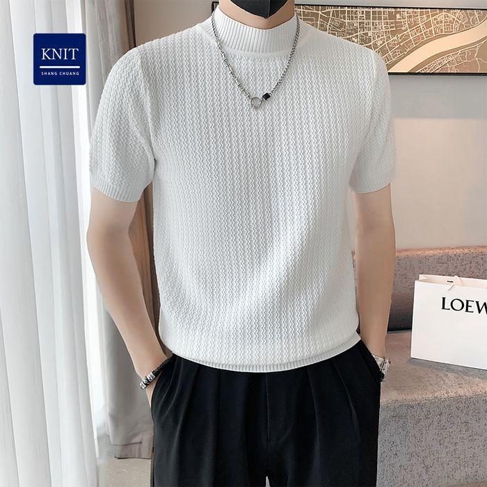 サマーニット メンズ 半袖 モックネック 無地 薄手 トップス デザイン 波編み Tシャツ ゴルフ シャツ キレイめ レイヤード 丸首 夏 |  | 14