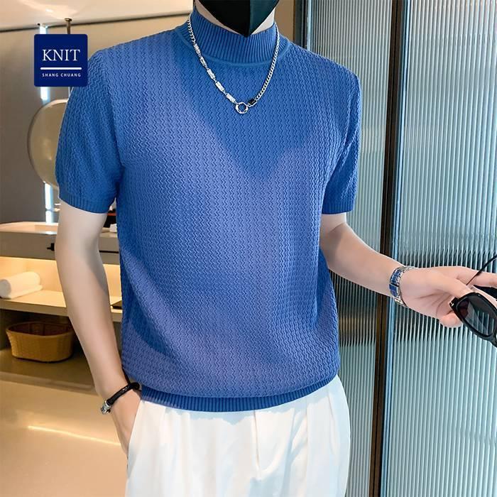 サマーニット メンズ 半袖 モックネック 無地 薄手 トップス デザイン 波編み Tシャツ ゴルフ シャツ キレイめ レイヤード 丸首 夏 |  | 15