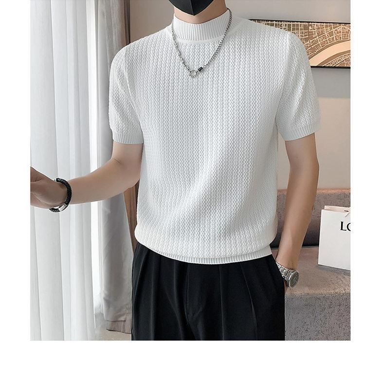サマーニット メンズ 半袖 モックネック 無地 薄手 トップス デザイン 波編み Tシャツ ゴルフ シャツ キレイめ レイヤード 丸首 夏 |  | 19