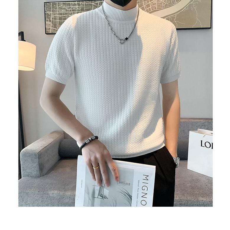 サマーニット メンズ 半袖 モックネック 無地 薄手 トップス デザイン 波編み Tシャツ ゴルフ シャツ キレイめ レイヤード 丸首 夏 |  | 20