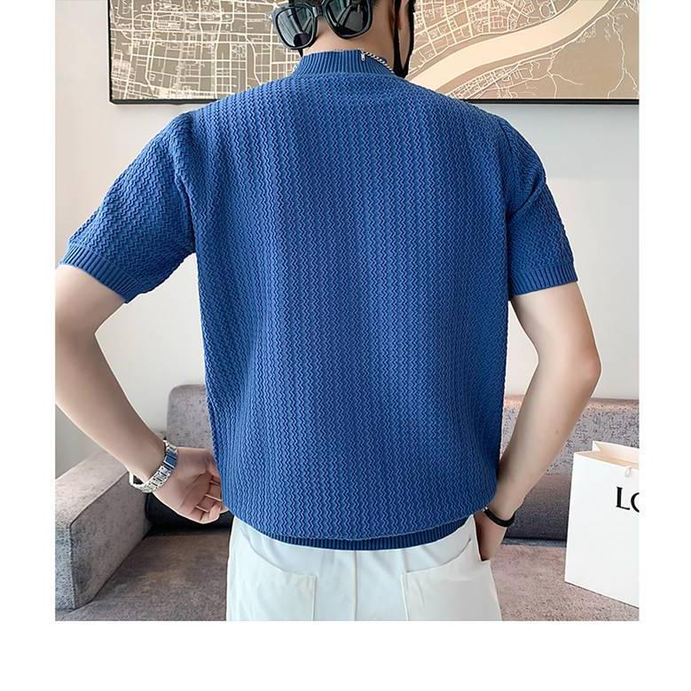 サマーニット メンズ 半袖 モックネック 無地 薄手 トップス デザイン 波編み Tシャツ ゴルフ シャツ キレイめ レイヤード 丸首 夏 |  | 10