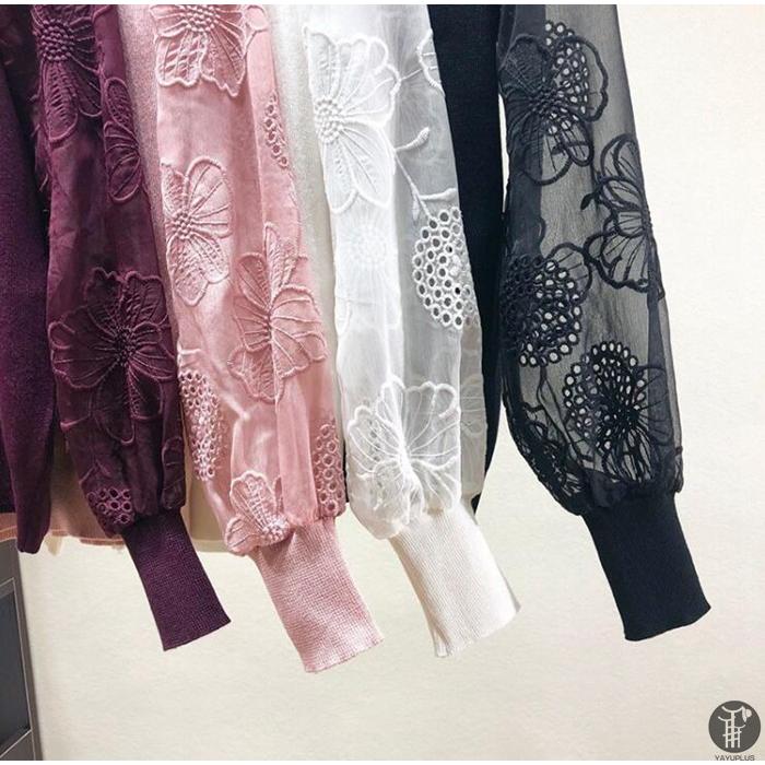 ニット セーター ニットソー ラウンドネック レース袖 レーススリーブ 花柄 2type レディース トップス |  | 30