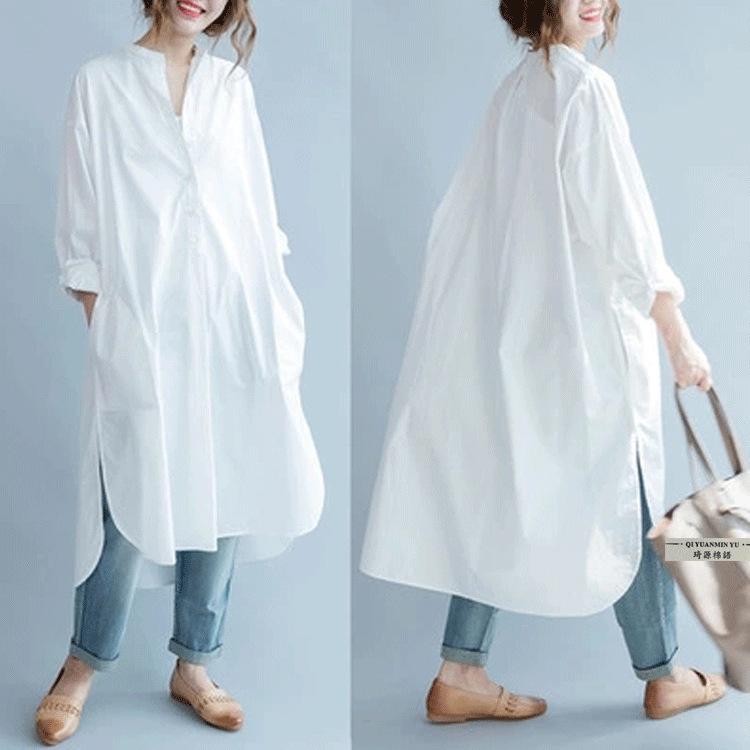 シャツ ロングシャツ フレア レディース トップス チュニック 長袖 綿麻混 コットン リネン Aライン 無地 ボタン付き 白 ホワイト 大きめ 30代 40代 |  | 18