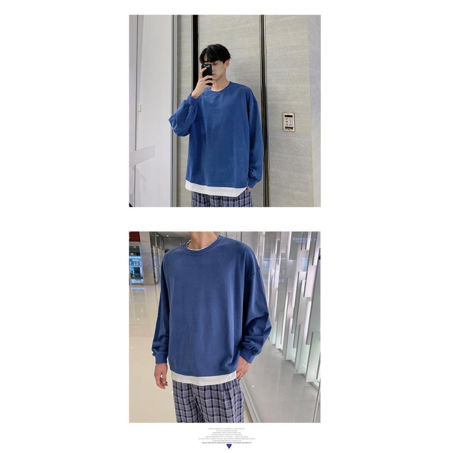 重ね着風 Tシャツ 長袖 レイヤード メンズ 無地 肩落ち ルーズ クルーネック ドロップショルダー ゆったり ビッグシルエット 通勤 通学 代引不可 |  | 18