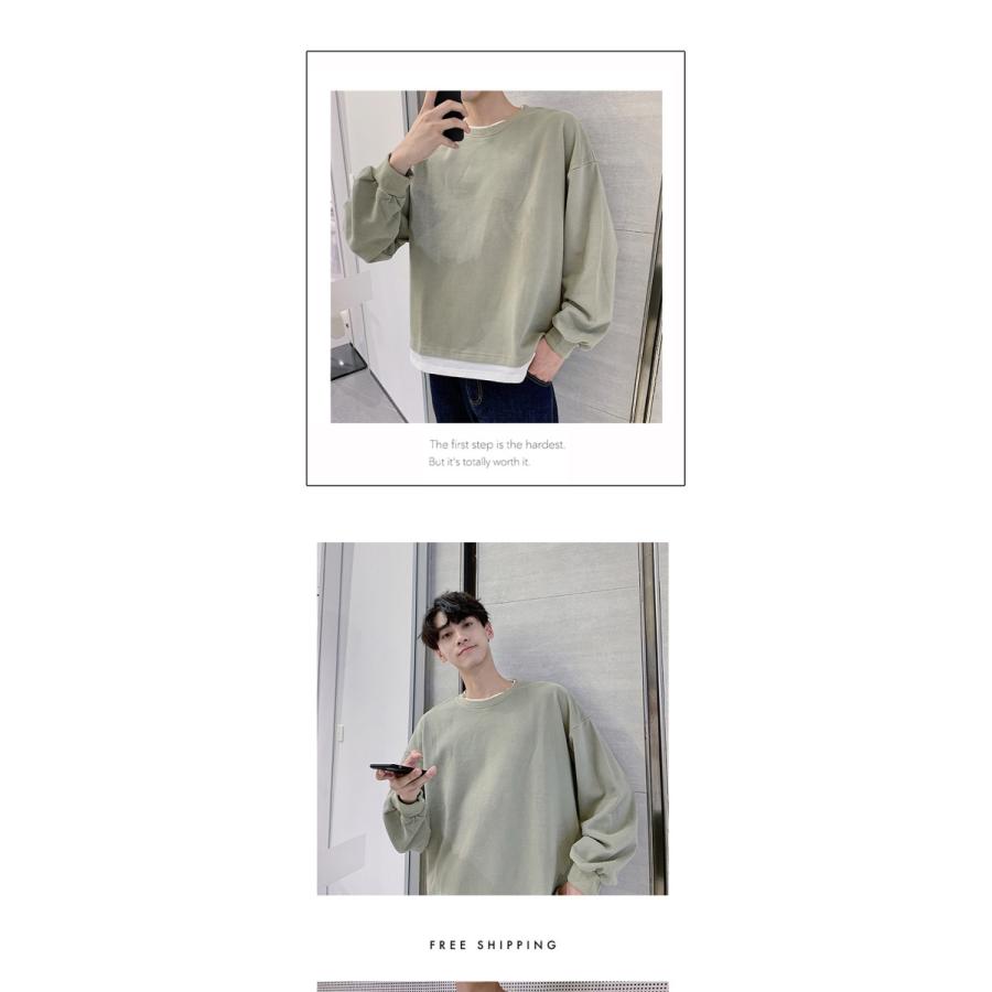 重ね着風 Tシャツ 長袖 レイヤード メンズ 無地 肩落ち ルーズ クルーネック ドロップショルダー ゆったり ビッグシルエット 通勤 通学 代引不可 |  | 13