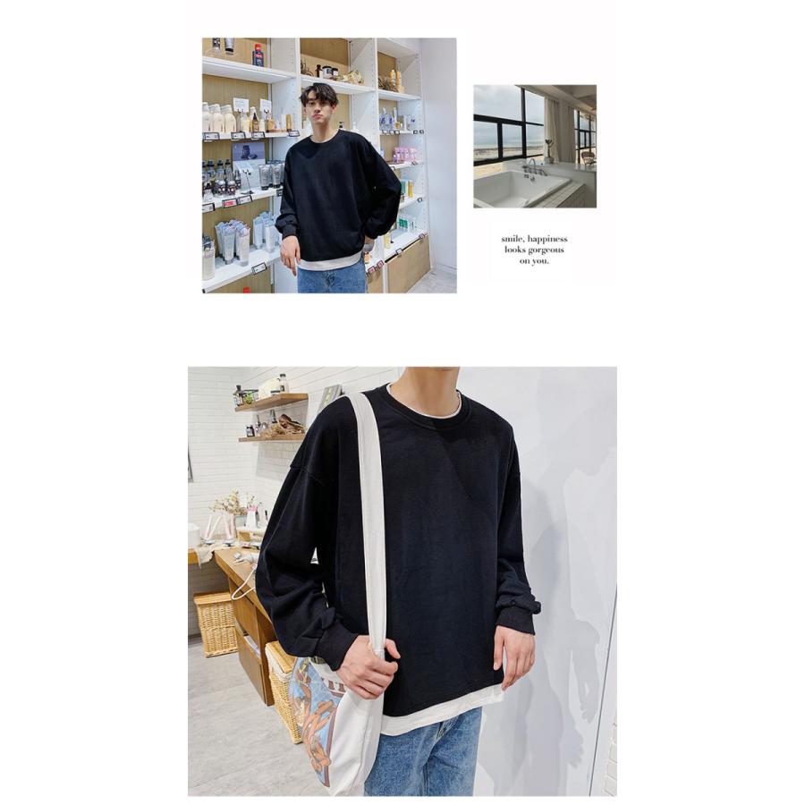 重ね着風 Tシャツ 長袖 レイヤード メンズ 無地 肩落ち ルーズ クルーネック ドロップショルダー ゆったり ビッグシルエット 通勤 通学 代引不可 |  | 14
