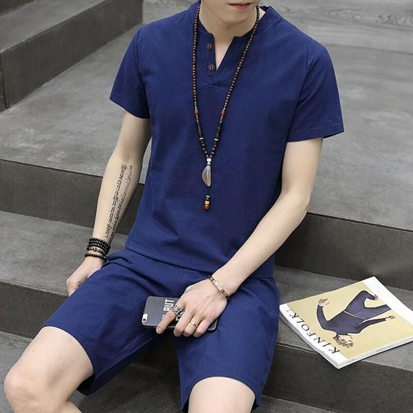 独特な店セットアップ メンズ 上下セット ショーツ Tシャツ 上下 麻