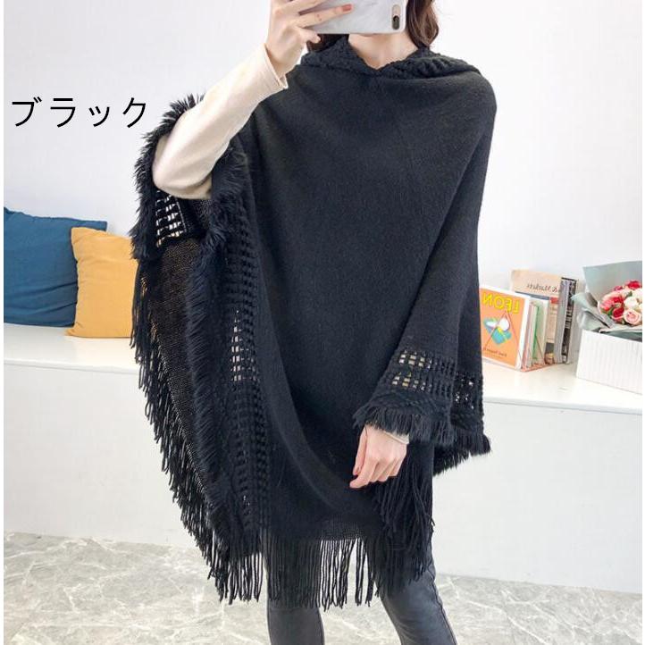 ポンチョ ポレロ ストール 大判 ショール 秋冬 ニット フード付き