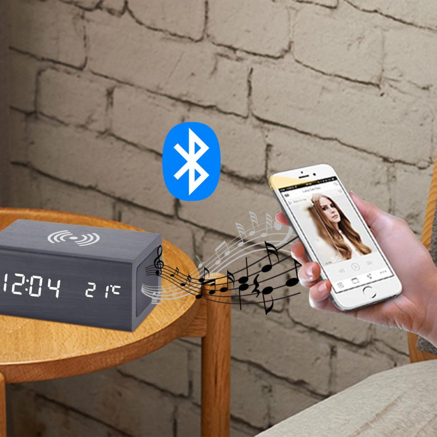 めざまし時計 おしゃれ Bluetooth スピーカー付き デジタル時計 インテリア 置き時計 ワイヤレス充電 スタイリッシュ アラーム時計