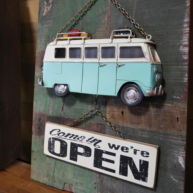 可愛らしい ワーゲンバス オープン看板 OPEN サインボード ワーゲンバス OPEN&CLOSED プレート ヴィンテージカー プラッケ