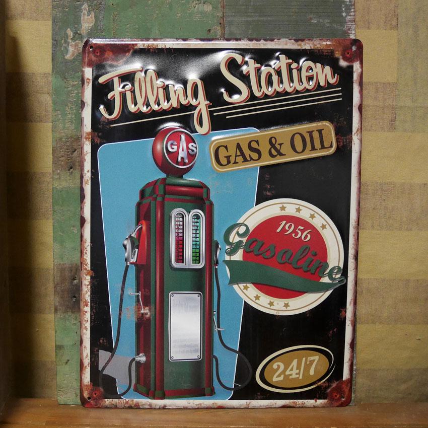 アンティークエンボスプレート GAS & OIL ブリキ看板 ガスポンプ