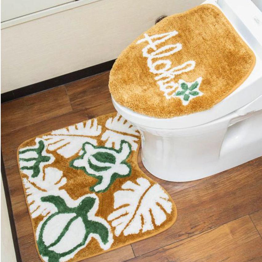 ハワイアン トイレカバー＆マットセット ティキ ウォシュレットタイプ デニム トイレカバー＆マットセット 「AT THE BEACH」（ネイビー