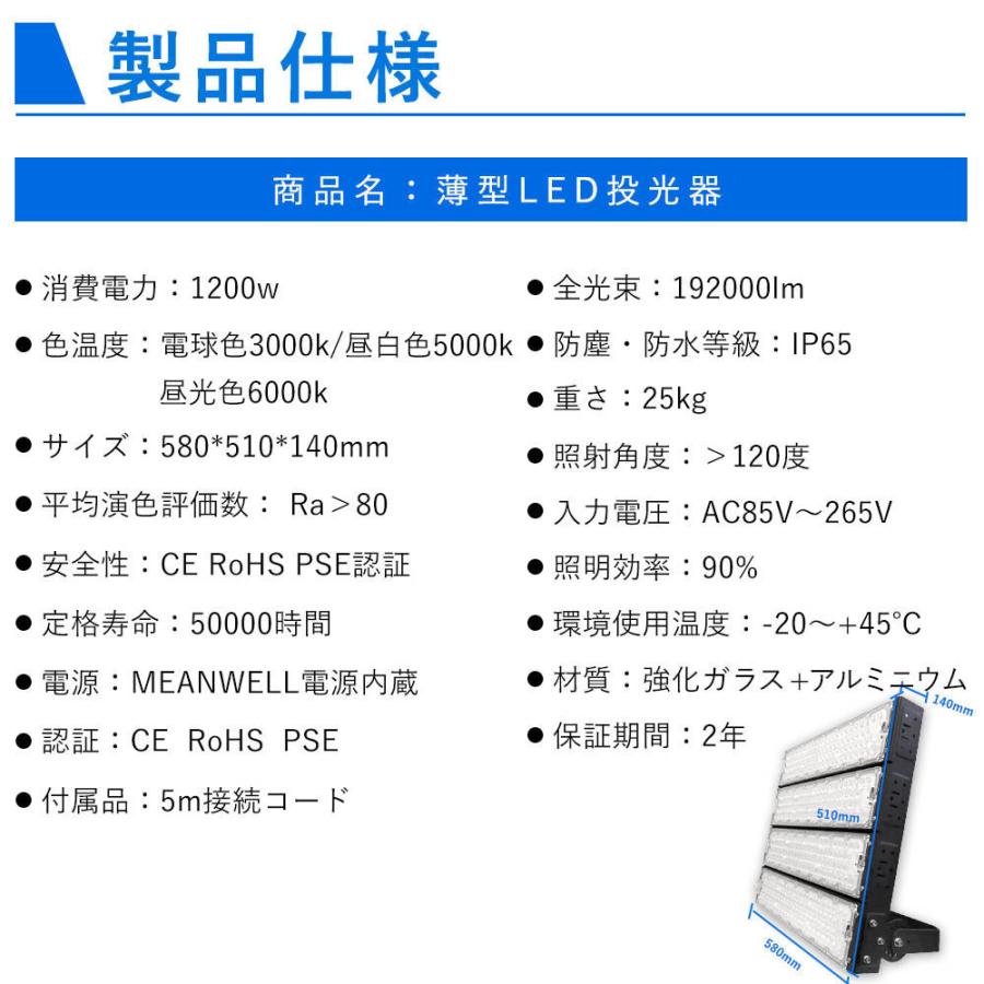 50個セット LED投光器 1200W LED 投光器 屋外用 LED投光器 明るい 作業灯 LED 192000lm 12000Ｗ相当 IP65防塵防水 倉庫 PSE認証 二年保証電球色昼白色昼光色｜goodsone5｜09