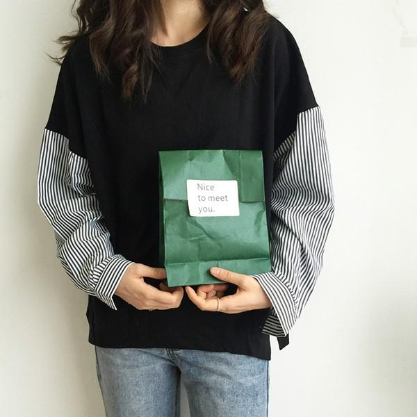 カットソー レディース 長袖 春 シャツ 異素材 切り替え ストライプ トップス フリーサイズ 送料無料　 |  | 01
