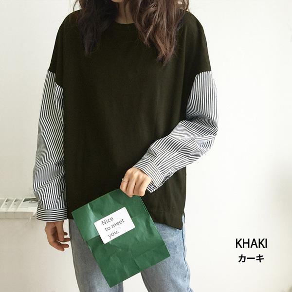 カットソー レディース 長袖 春 シャツ 異素材 切り替え ストライプ トップス フリーサイズ 送料無料　 |  | 17