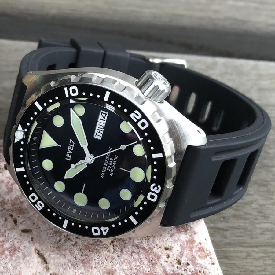 カスタム自在/MOD 自社組立の日本製 メンズウォッチ 20気圧防水 自動巻き SEIKO NH36 316Lステンレス ダイバーズラバーベルト 腕時計 lv1-flfbk LEVEL7の画像