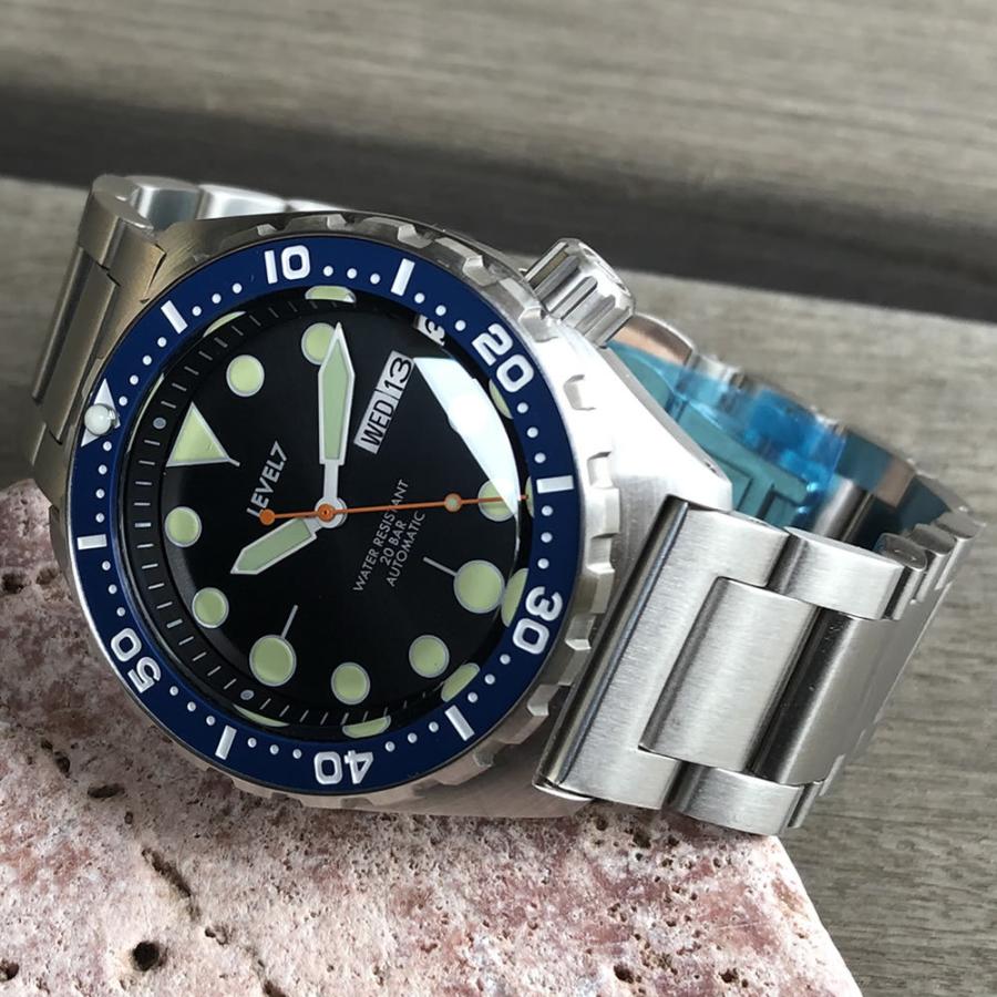 カスタム自在/MOD 自社組立の日本製 メンズウォッチ 20気圧防水 自動巻き SEIKO NH36 316Lステンレス ダイバーズラバーベルト 腕時計 lv1-flfnv LEVEL7の画像