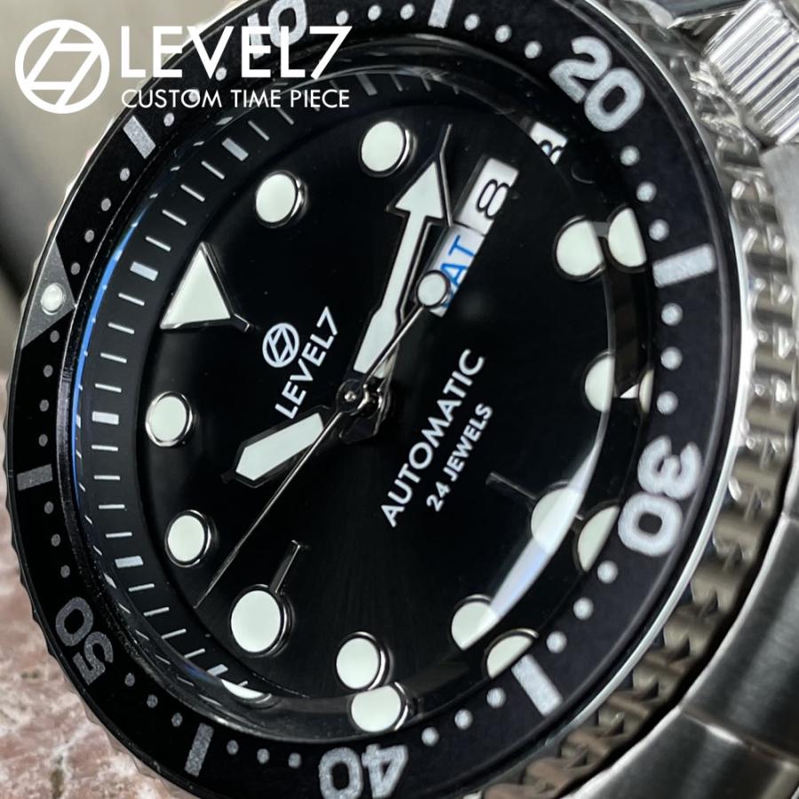LV75BKAB0133S フラットベゼル ブラックダイアル 10気圧防水 機械式/自動巻き SEIKO NH36A ムーブメント搭載 サファイアダブルドーム風防 メンズウォッチ LEVEL7の画像