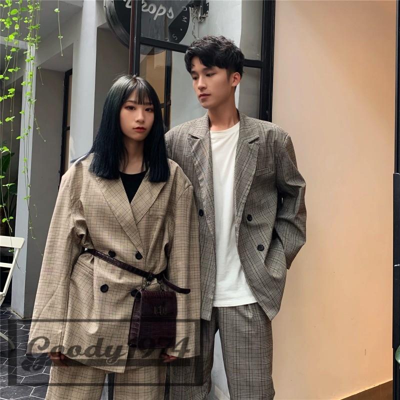 セットアップスーツ メンズ レディース ペアルック ユニセックス 男女兼用 スーツ カップル ２点セッ ト韓国 チェック柄 グレー カーキ B49 Eclas 通販 Yahoo ショッピング