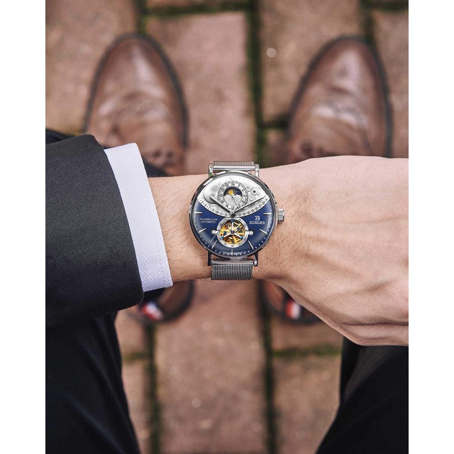 B BINGER） 腕時計 自動巻き 24時間計 防水 スケルトン メンズ (青色
