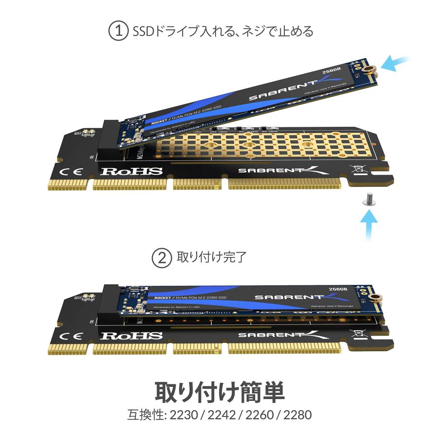 SABRENT NVMe M.2 SSDからPCIe X16/X8/X4変換アダプタカード