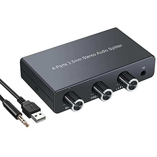 PROZOR 4ポート 3.5mmオーディオ分配器 1入力4出力 低音/高音調整
