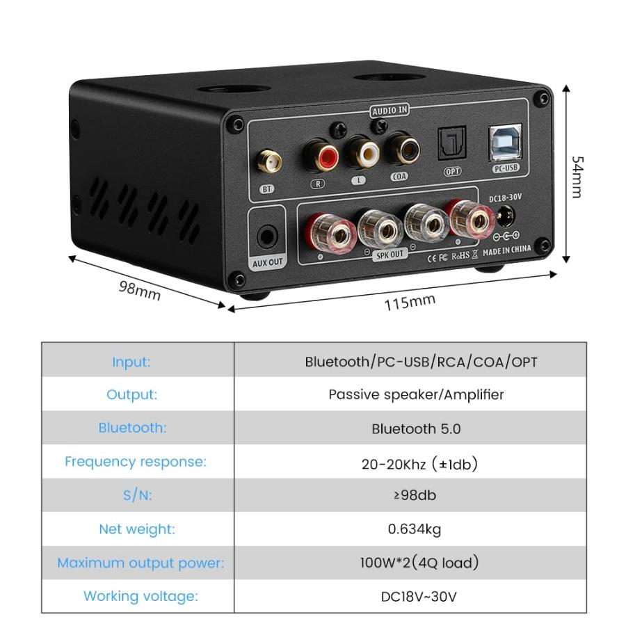 AIYIMA T9 Bluetooth 5.0 100W*2チューブアンプ 2.0チャンネル 真空管