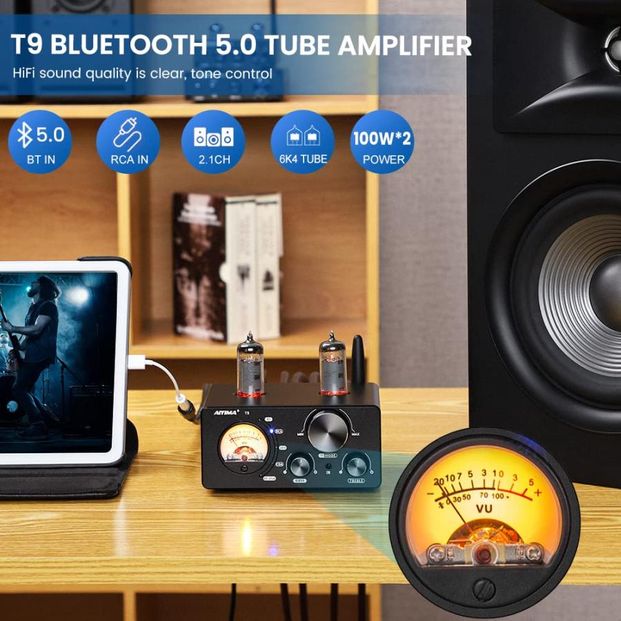 AIYIMA T9 Bluetooth 5.0 100W*2チューブアンプ 2.0チャンネル 真空管