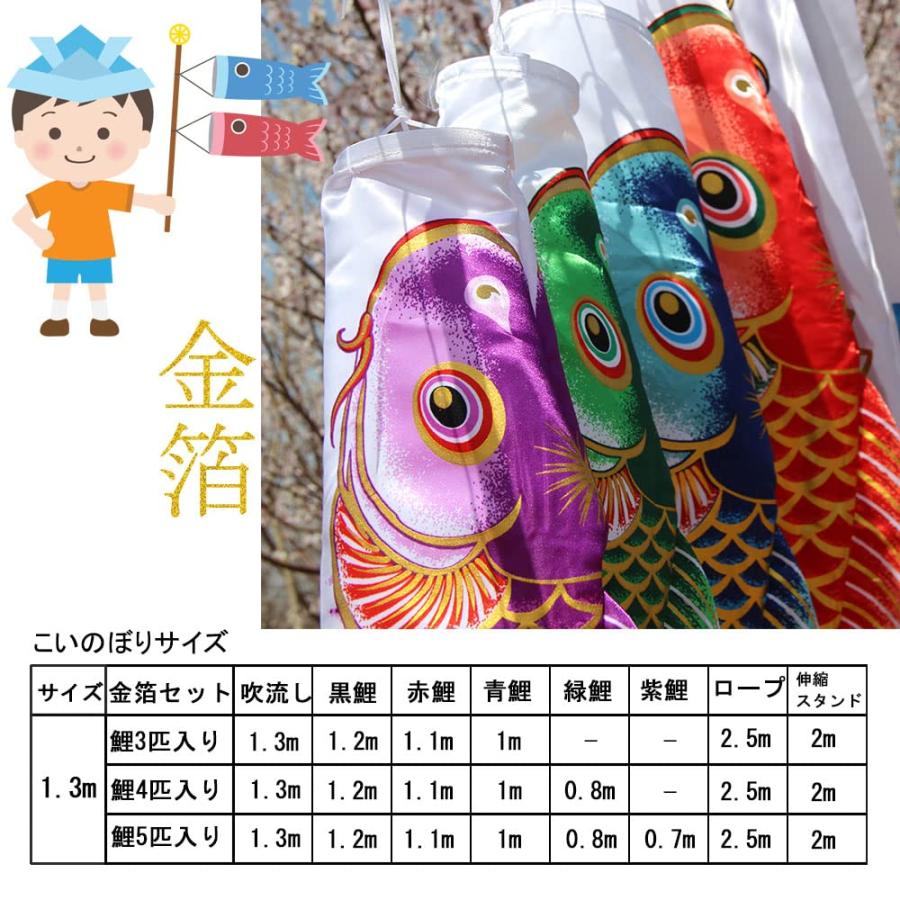 鯉のぼり こいのぼり 金箔 ミニ 鯉4匹 2m伸縮スタンド付 吹流し1.3m
