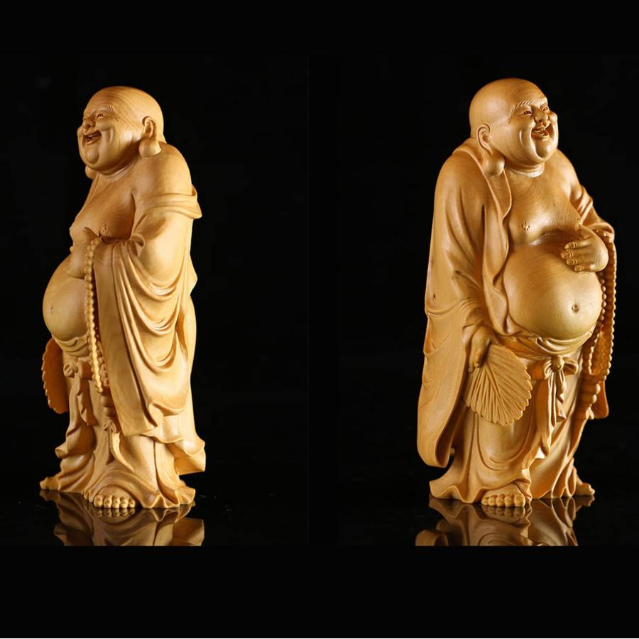 布袋様 ツゲ製高級木彫り 金運 お守り 仏像 木彫り 置物 (高さ12cm×幅