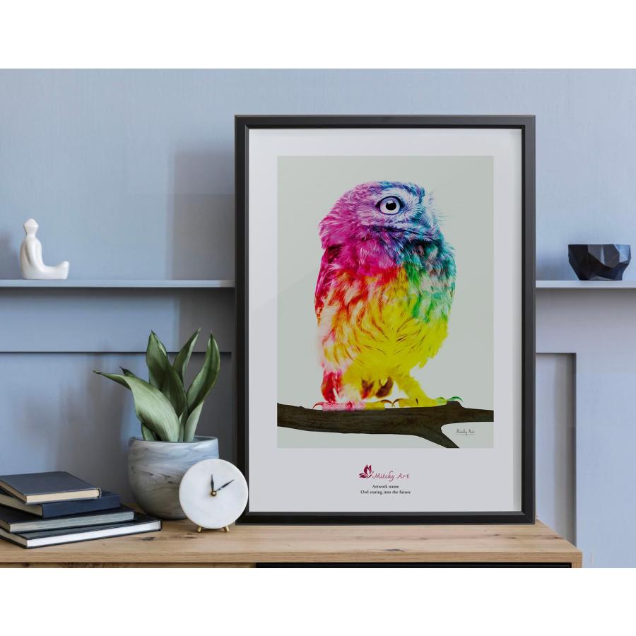 絵画「未来を視るフクロウ」インテリア 壁掛け アートパネル A3 額入り