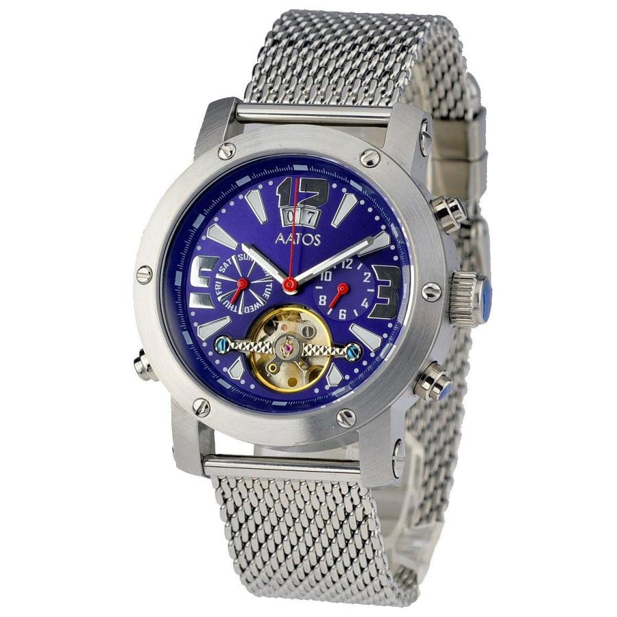 柔らかな質感の 腕時計 メンズ 自動巻 カレンダー ブルー MZI エムゼーアイ AATOS PrinosSSBl 腕時計