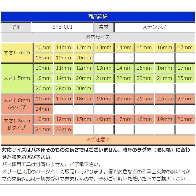 バネ棒 ばね棒 定形郵便100円発送可能 Ф1.3mm 1.5mm 1.8mm ラグ幅 長さ10mm〜30mm 時計バンド 時計ベルト 専用部品 ステンレス SPB-001｜googoods｜03