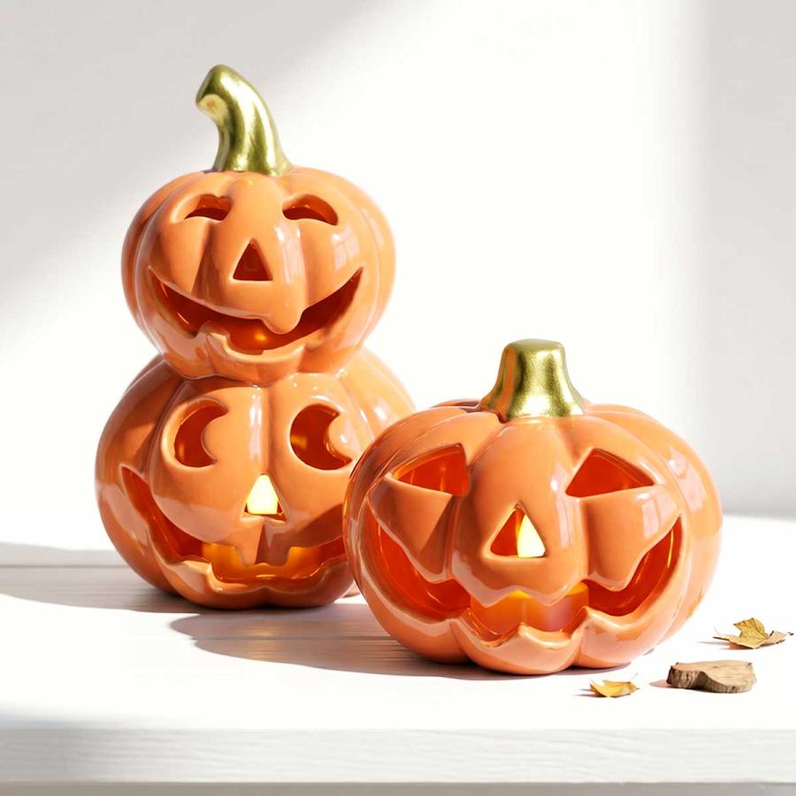 2種セット】 ハロウィン 飾り 陶器 かぼちゃ ランタン 置き物 飾り付け