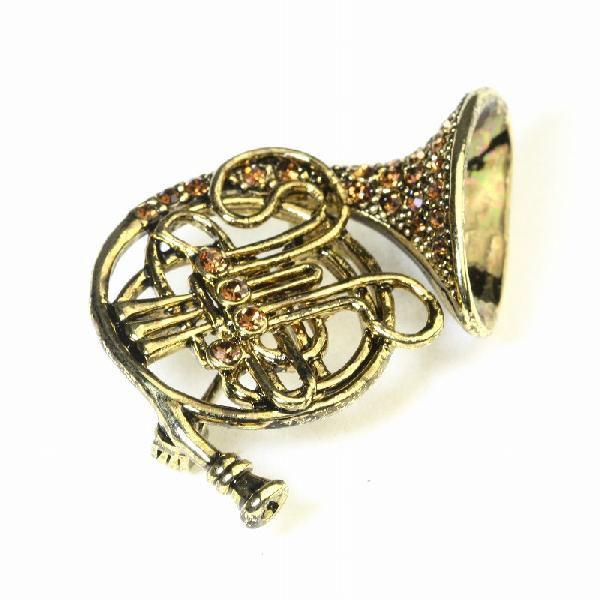 ブローチ ホルン 金管楽器 音楽系アクセサリー スワロフスキー