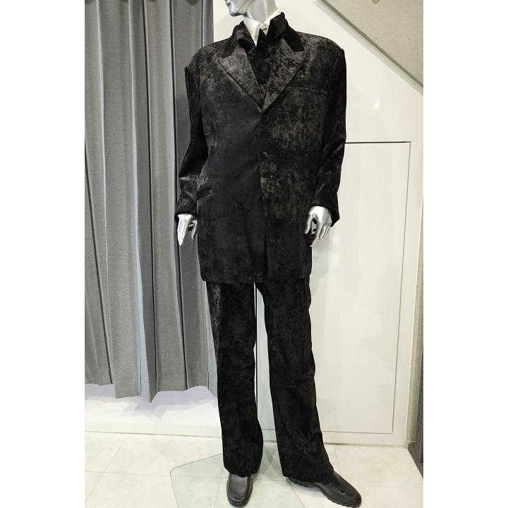 メンズスーツ ボタンダウンベスト付きクラッシュベロアスリーピース ブラック 大きいサイズ シングル ３ピース 上下セット 4L