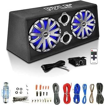 半額セールサイト Pyle PLBAS122LE 12´´ Dual Bass Box System 2x600 Watt Max Power Rear Vented LED Car Audio Subwoofer Enclosure Bundle Combo with Amplifier Wiring Kit， L