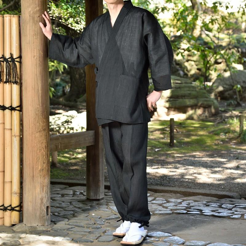 作務衣 さむえ メンズ 男性用 紳士 寺用 春夏用 日本製 麻100％ [小千谷縮作務衣 黒 米 紺 (M-LL)] 敬老の日 父の日 送料無料の画像