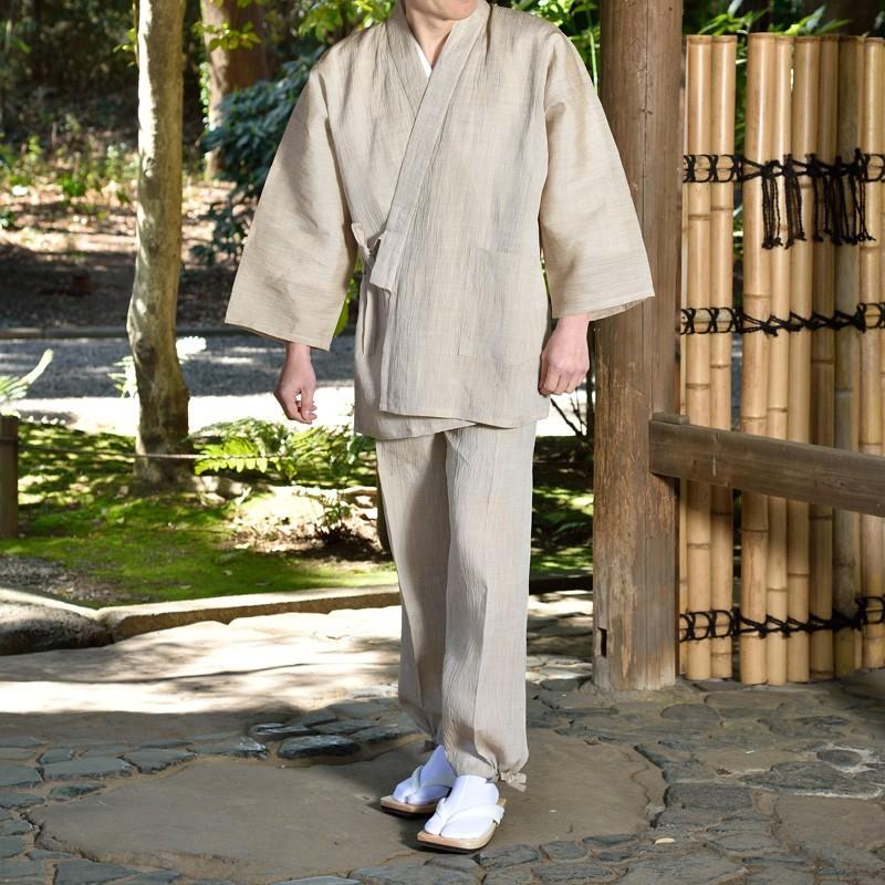 作務衣 さむえ メンズ 男性用 紳士 寺用 春夏用 日本製 麻100％ [小千谷縮作務衣 黒 米 紺 (M-LL)] 敬老の日 父の日 送料無料の画像