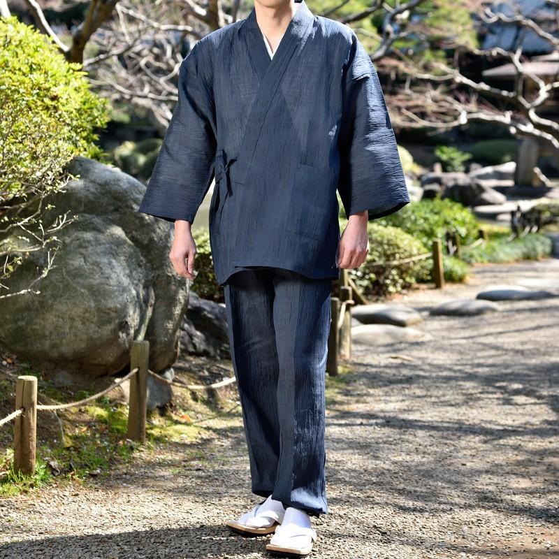 作務衣 さむえ メンズ 男性用 紳士 寺用 春夏用 日本製 麻100％ [小千谷縮作務衣 黒 米 紺 (M-LL)] 敬老の日 父の日 送料無料の画像