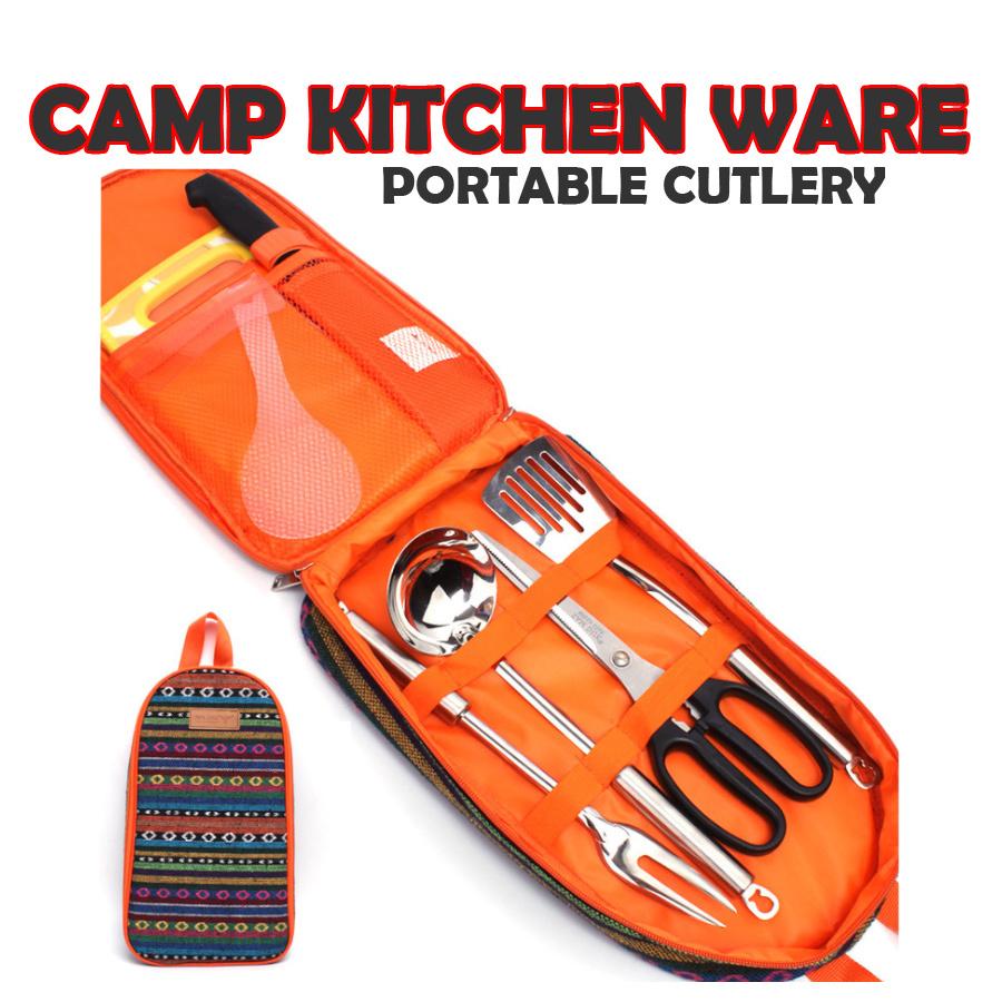 コンパクト　キッチンセット　BBQ　アウトドア調理器具　キャンプ　まな板　包丁　ハサミ　おたま・フライ返し　うろこ取り　トング　しゃもじ　クッカーセット |  | 06