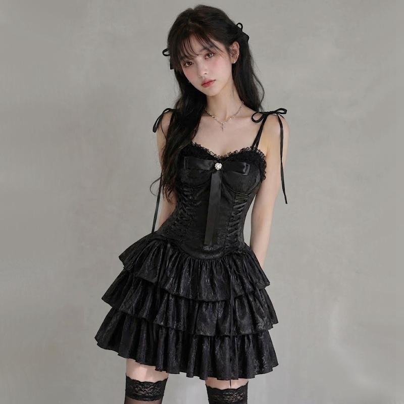 axes femme ゴシック 編み上げ フリル ワンピース 黒 M ゴスロリ ゴスロリワールド ゴシック キャミソール ワンピース レディース