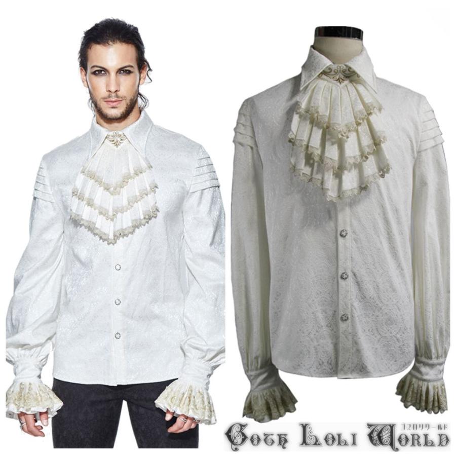 【ゴスロリワールド】Devil ゴスロリ シャボ付刺繍フリル袖ダマスク柄 長袖シャツ ホワイト ゴシック パンク ビジュアル系 ファッション