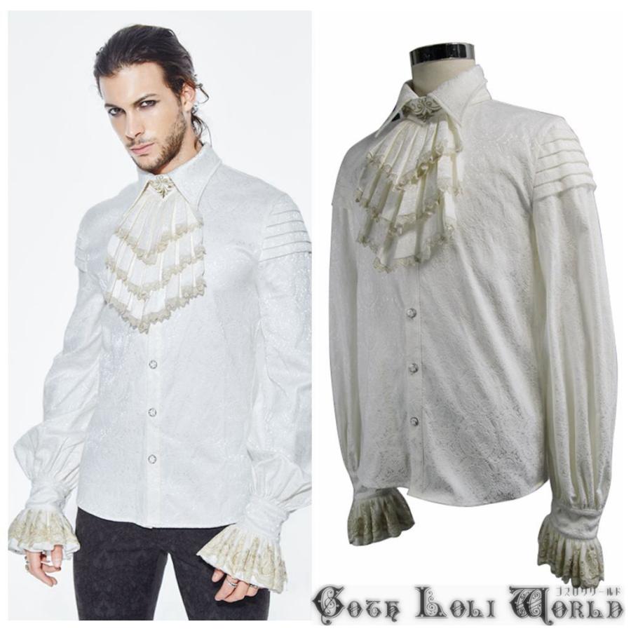 【ゴスロリワールド】Devil ゴスロリ シャボ付刺繍フリル袖ダマスク柄 長袖シャツ ホワイト ゴシック パンク ビジュアル系 ファッション